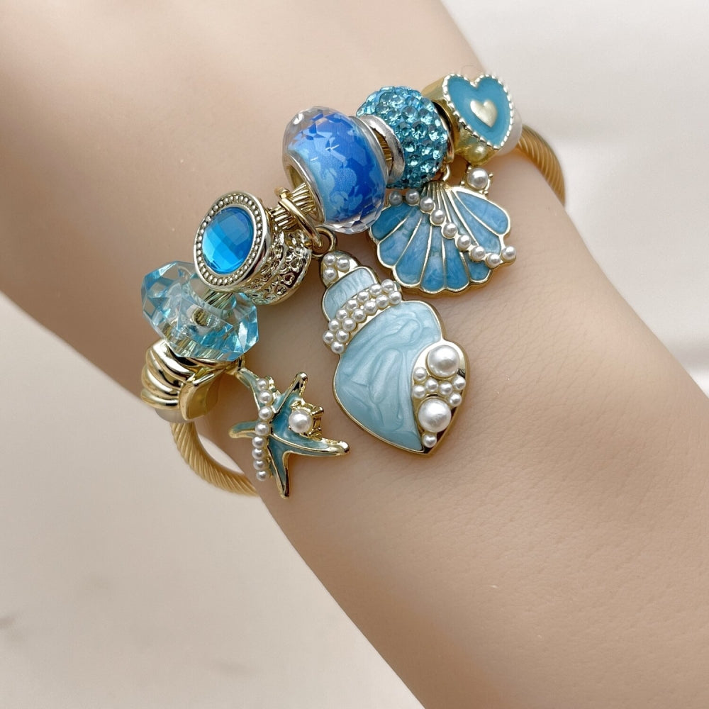 Stainless Steel Individual Bangle, Shell and Star Design, with Light Turquoise Crystal and Ivory Pearl, Blue Enamel Finish, Steel Finish