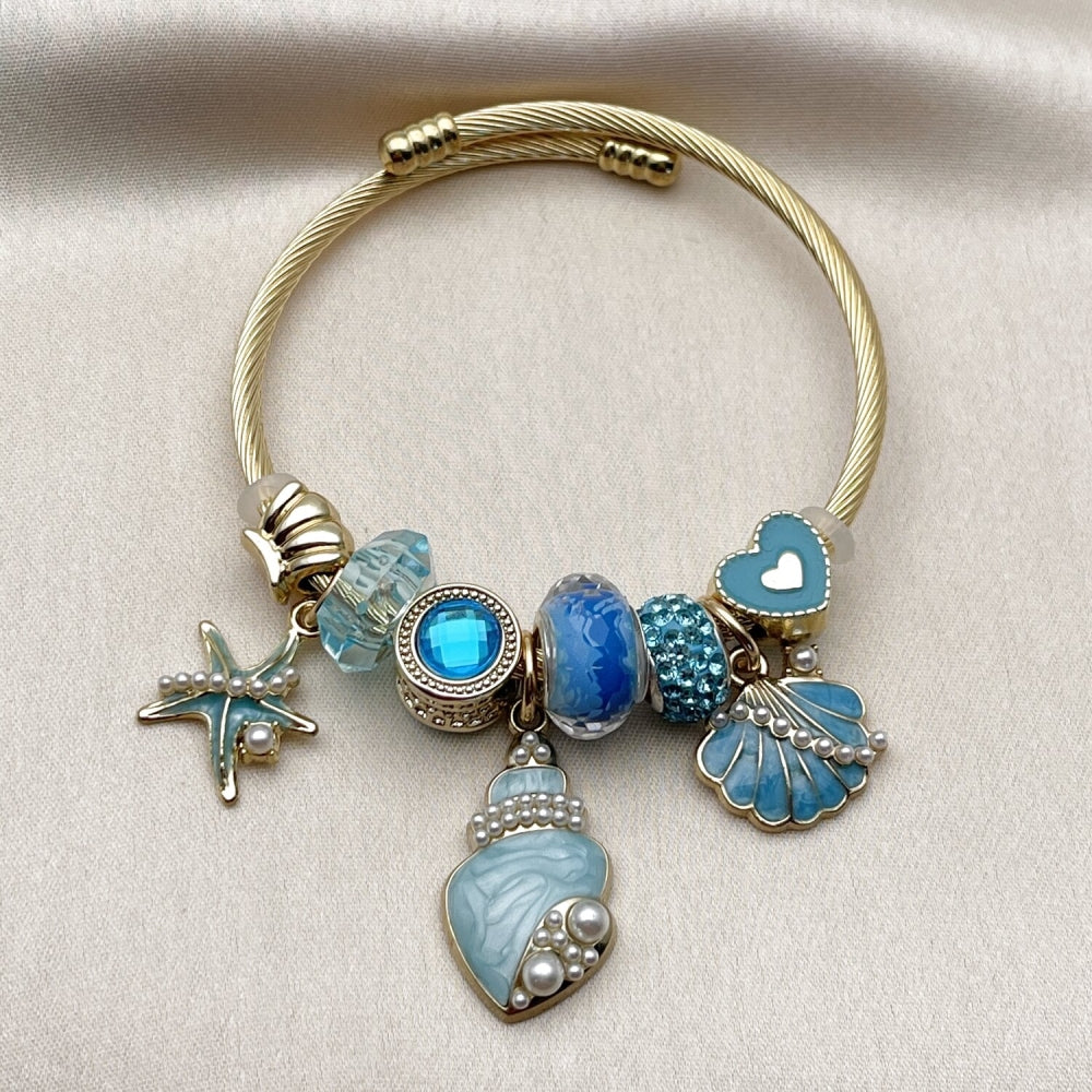 Stainless Steel Individual Bangle, Shell and Star Design, with Light Turquoise Crystal and Ivory Pearl, Blue Enamel Finish, Steel Finish