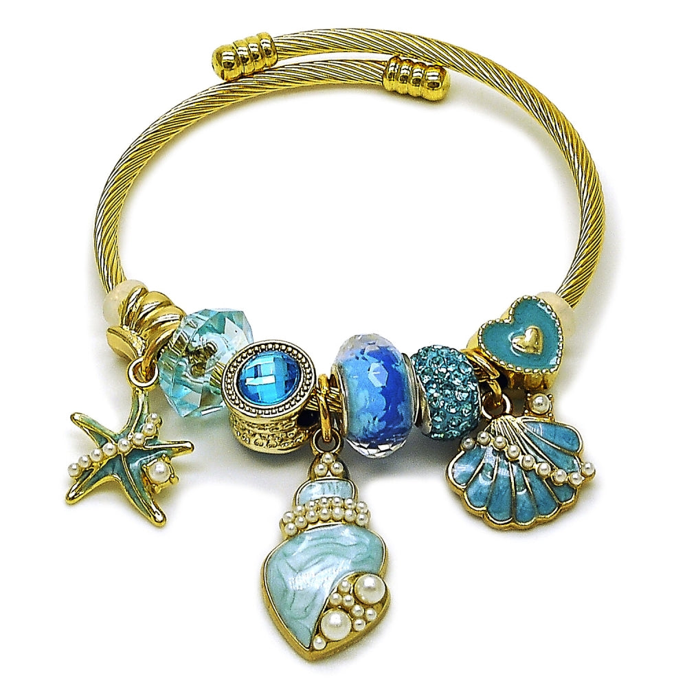 Stainless Steel Individual Bangle, Shell and Star Design, with Light Turquoise Crystal and Ivory Pearl, Blue Enamel Finish, Steel Finish