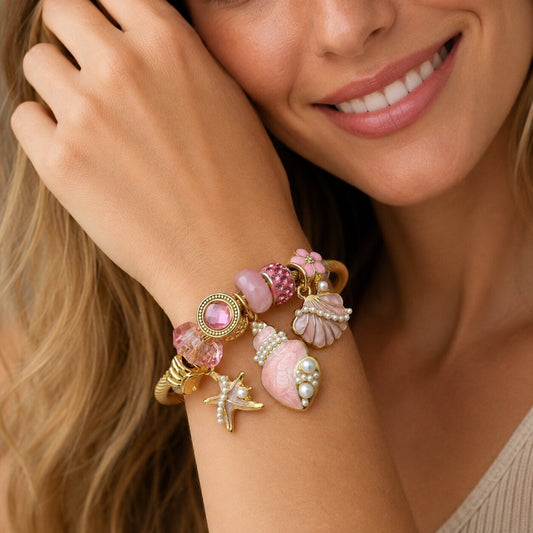 Stainless Steel Individual Bangle, Shell and Star Design, with Light Rose Crystal and Ivory Pearl, Pink Enamel Finish, Golden Finish