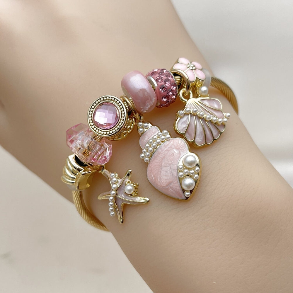 Stainless Steel Individual Bangle, Shell and Star Design, with Light Rose Crystal and Ivory Pearl, Pink Enamel Finish, Golden Finish