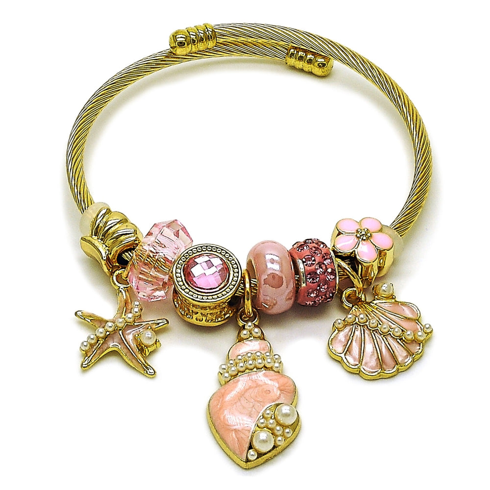 Stainless Steel Individual Bangle, Shell and Star Design, with Light Rose Crystal and Ivory Pearl, Pink Enamel Finish, Golden Finish