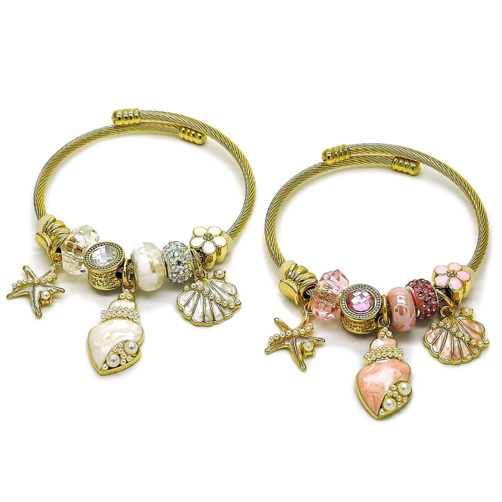 Stainless Steel Individual Bangle, Shell and Star Design, with Light Rose Crystal and Ivory Pearl, Pink Enamel Finish, Golden Finish