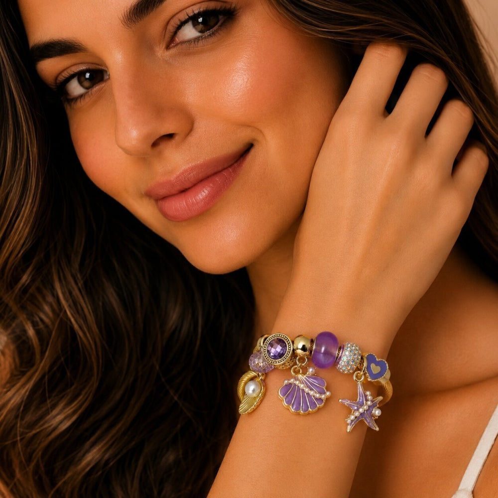 Stainless Steel Individual Bangle, Shell and Star Design, with Crystal and Violet Crystal, Polished, Golden Finish