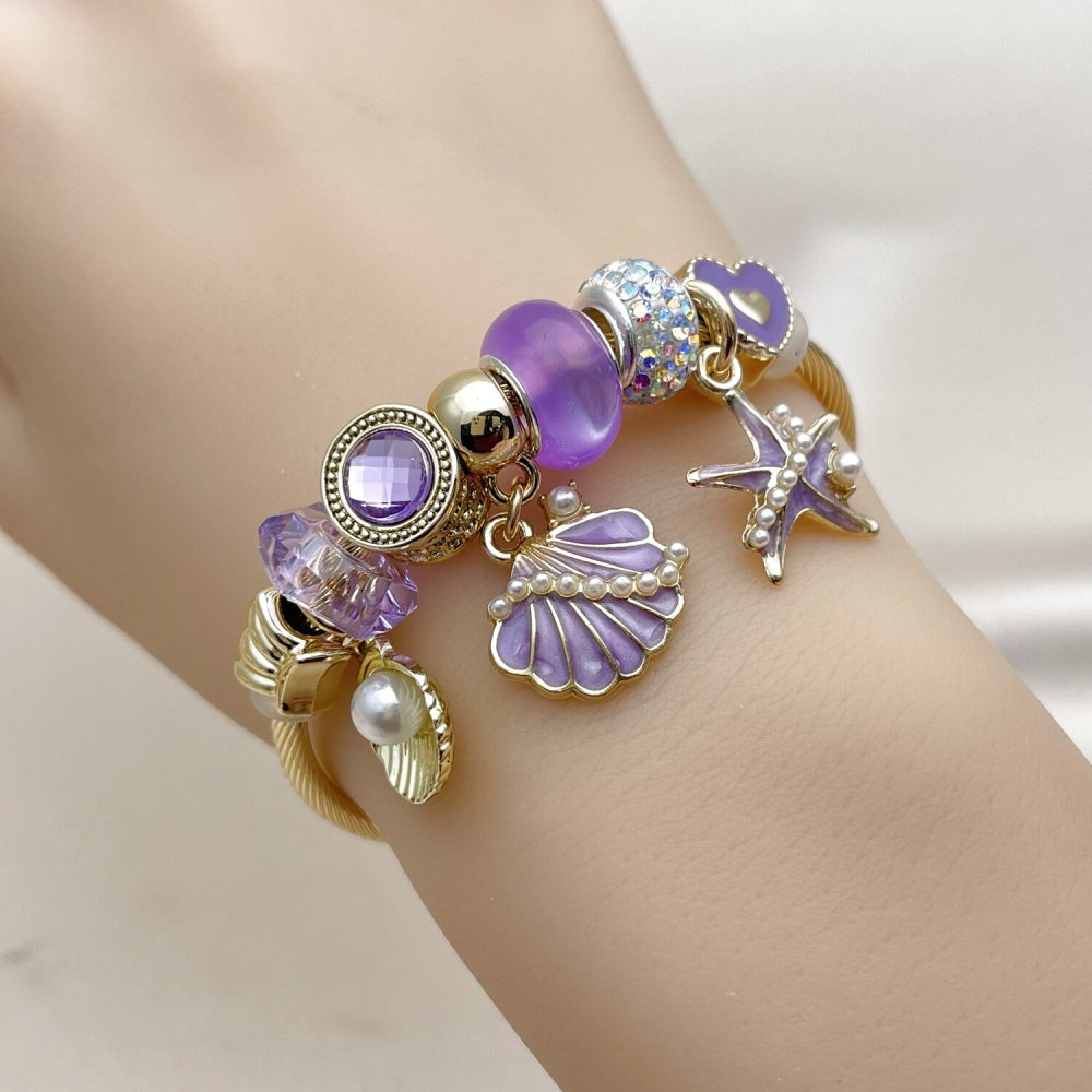 Stainless Steel Individual Bangle, Shell and Star Design, with Crystal and Violet Crystal, Polished, Golden Finish