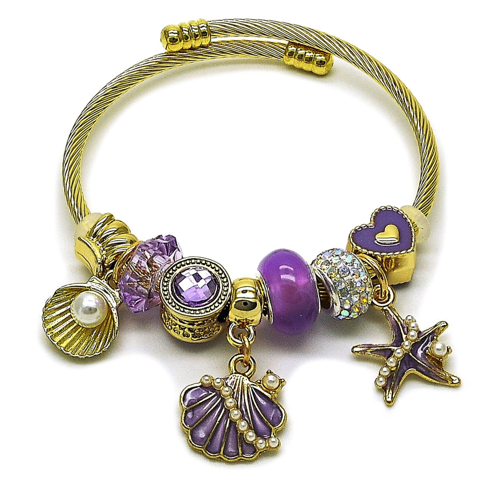 Stainless Steel Individual Bangle, Shell and Star Design, with Crystal and Violet Crystal, Polished, Golden Finish