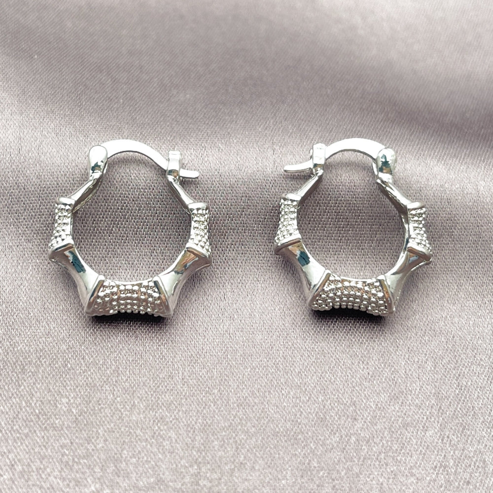 Rhodium Gold Filled Small Hoop, Bamboo Design, Polished, Rhodium Finish
