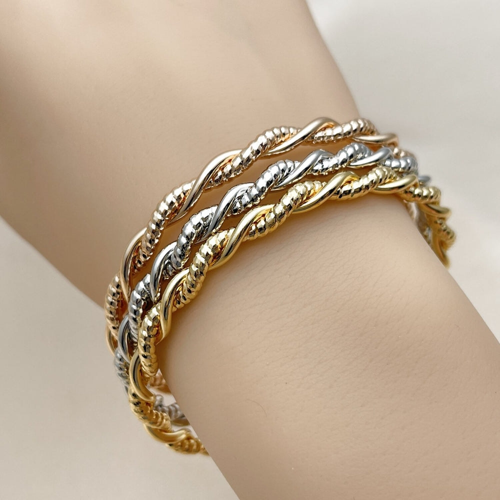 Oro Laminado Trio Bangle, Gold Filled Style Spiral and Twist Design, Polished, Tricolor