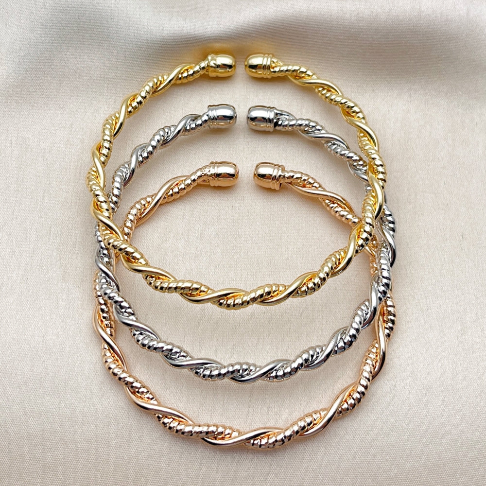 Oro Laminado Trio Bangle, Gold Filled Style Spiral and Twist Design, Polished, Tricolor