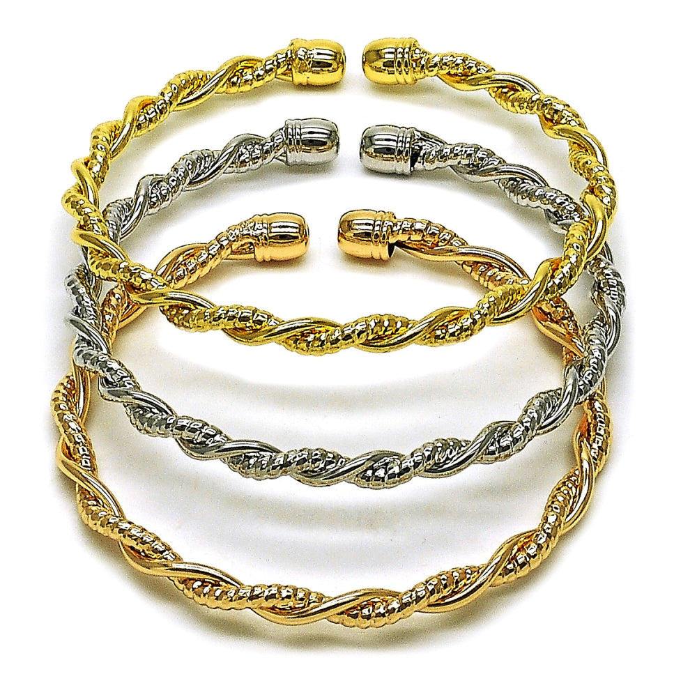 Oro Laminado Trio Bangle, Gold Filled Style Spiral and Twist Design, Polished, Tricolor