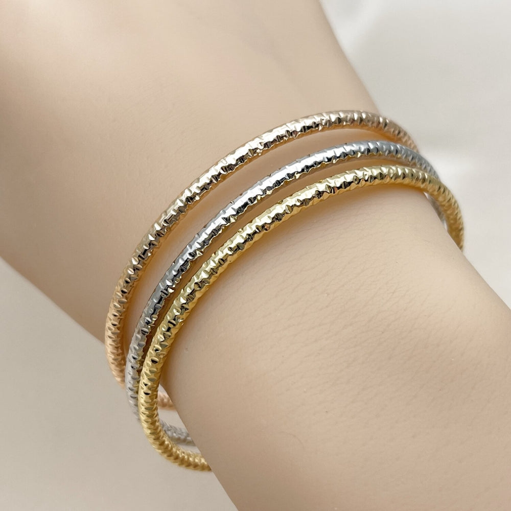 Oro Laminado Trio Bangle, Gold Filled Style Ball Design, Diamond Cutting Finish, Tricolor