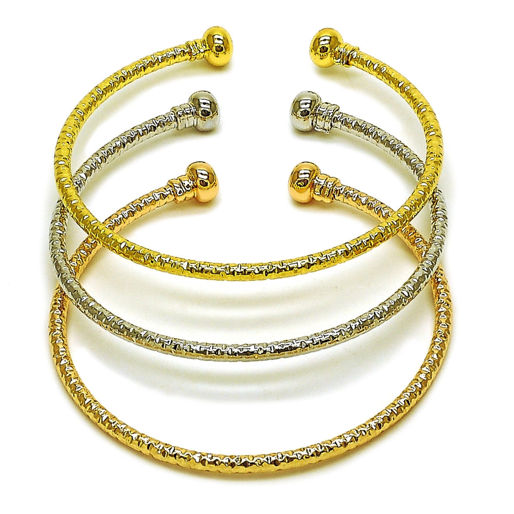 Oro Laminado Trio Bangle, Gold Filled Style Ball Design, Diamond Cutting Finish, Tricolor