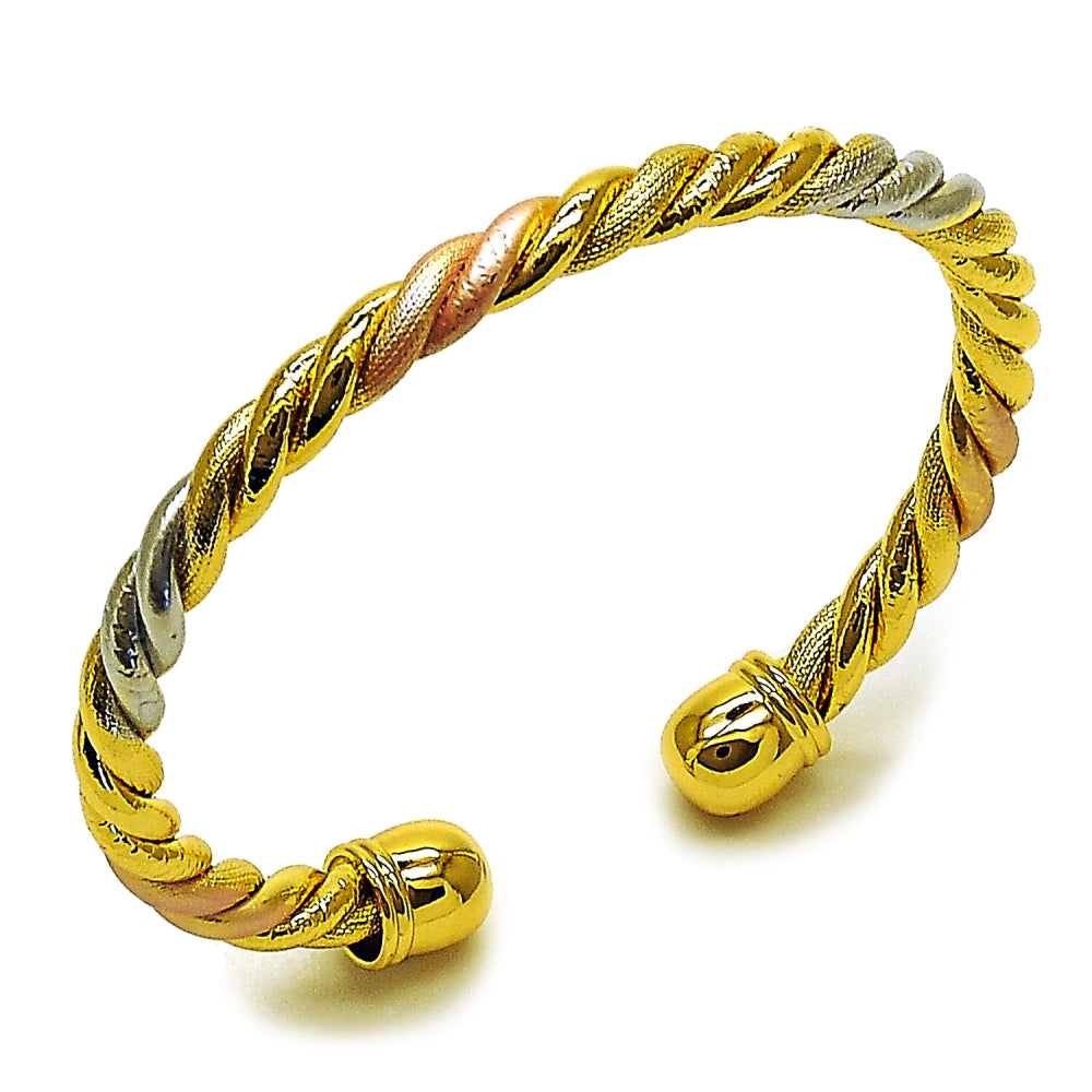 Oro Laminado Individual Bangle, Gold Filled Style Twist Design, Polished, Tricolor