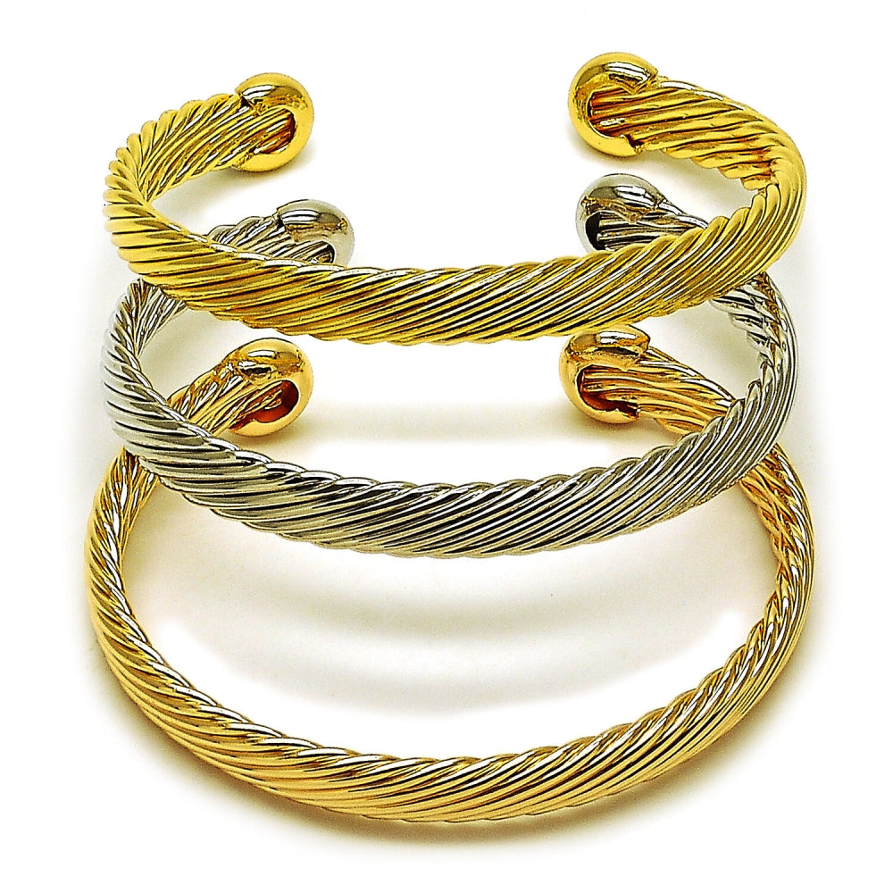 Oro Laminado Trio Bangle, Gold Filled Style Twist Design, Polished, Tricolor