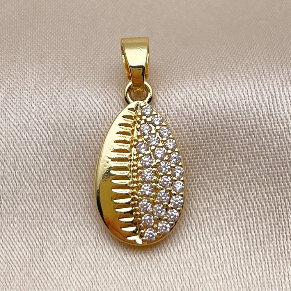 Oro Laminado Fancy Pendant, Gold Filled Style Shell Design, with White Cubic Zirconia, Polished, Golden Finish