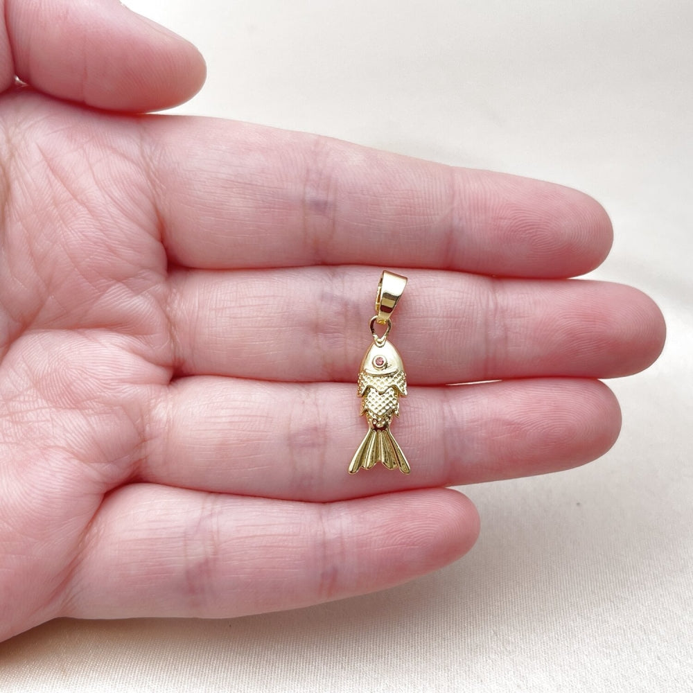 Oro Laminado Fancy Pendant, Gold Filled Style Fish Design, with Garnet Cubic Zirconia, Polished, Golden Finish