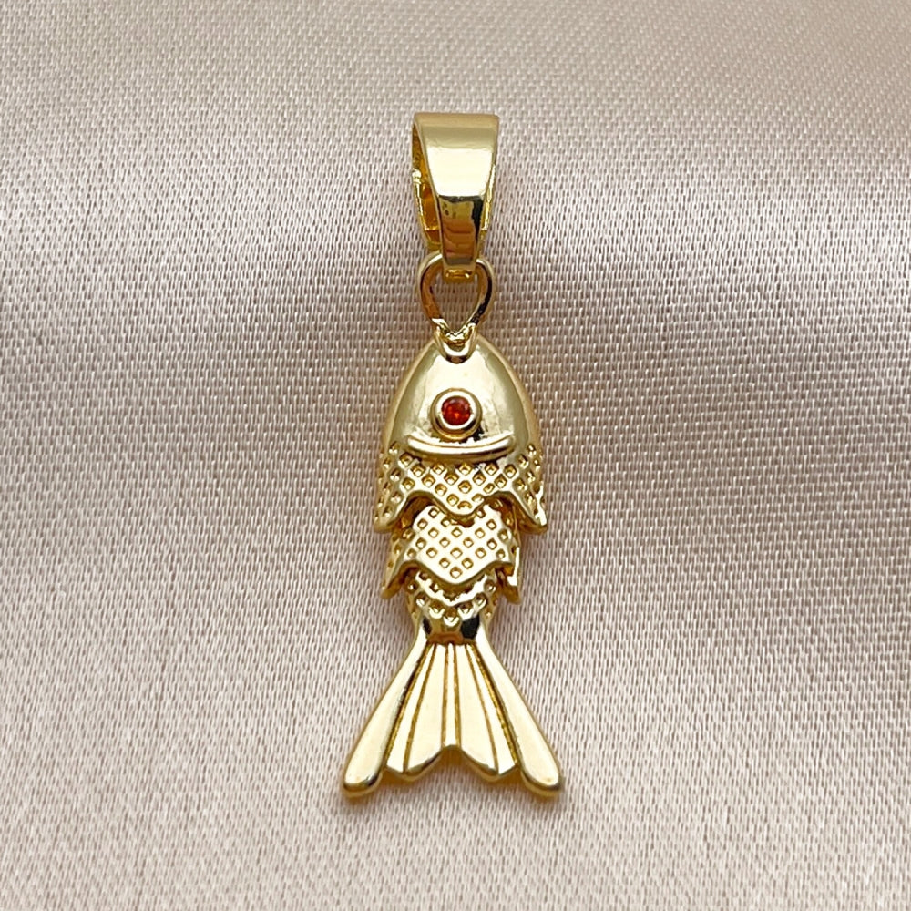 Oro Laminado Fancy Pendant, Gold Filled Style Fish Design, with Garnet Cubic Zirconia, Polished, Golden Finish