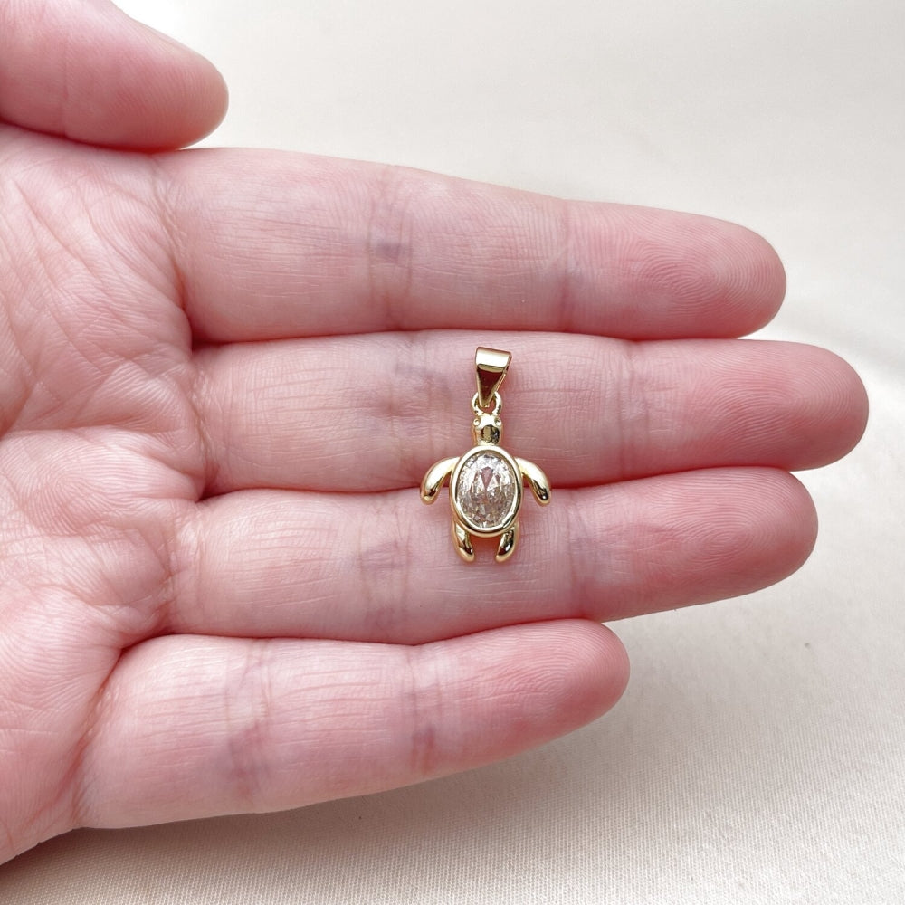 Oro Laminado Fancy Pendant, Gold Filled Style Turtle Design, with White Cubic Zirconia, Polished, Golden Finish