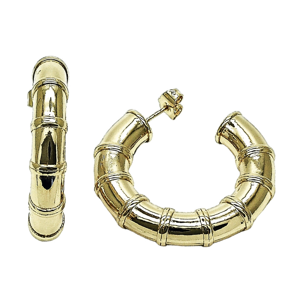 Oro Laminado Medium Hoop, Gold Filled Style Bamboo Design, Polished, Golden Finish