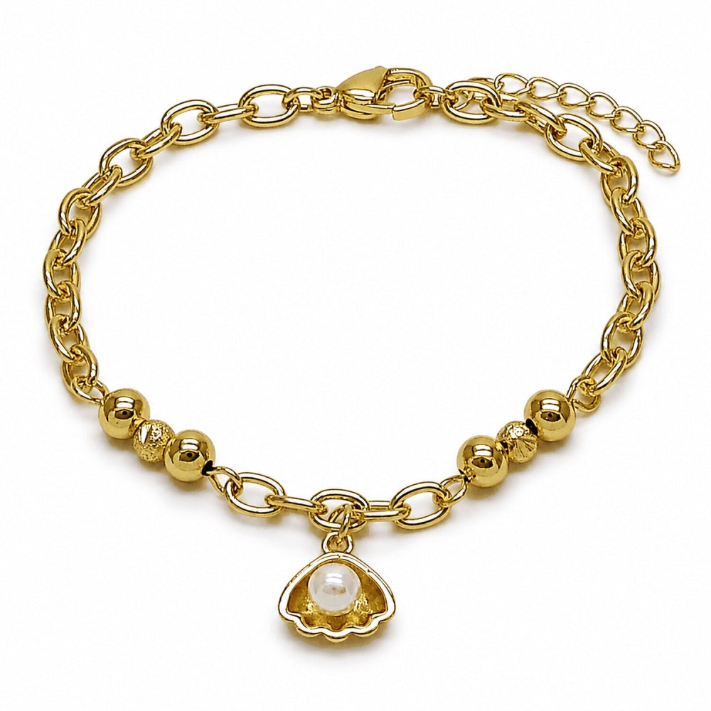 Oro Laminado Charm Bracelet, Gold Filled Style Shell and Ball Design, with Ivory Pearl, Polished, Golden Finish