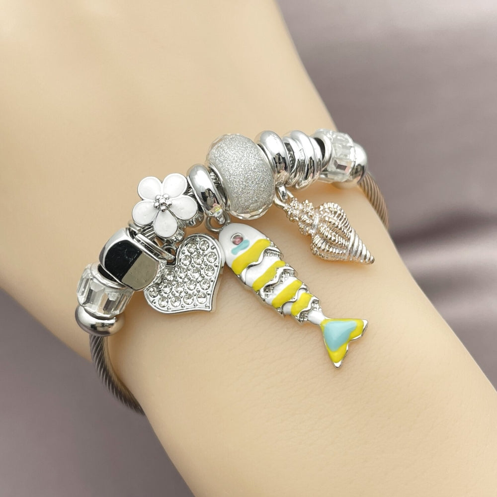 Stainless Steel Individual Bangle, Fish and Snail Design, with Crystal and Moonlight Crystal, White Enamel Finish, Steel Finish