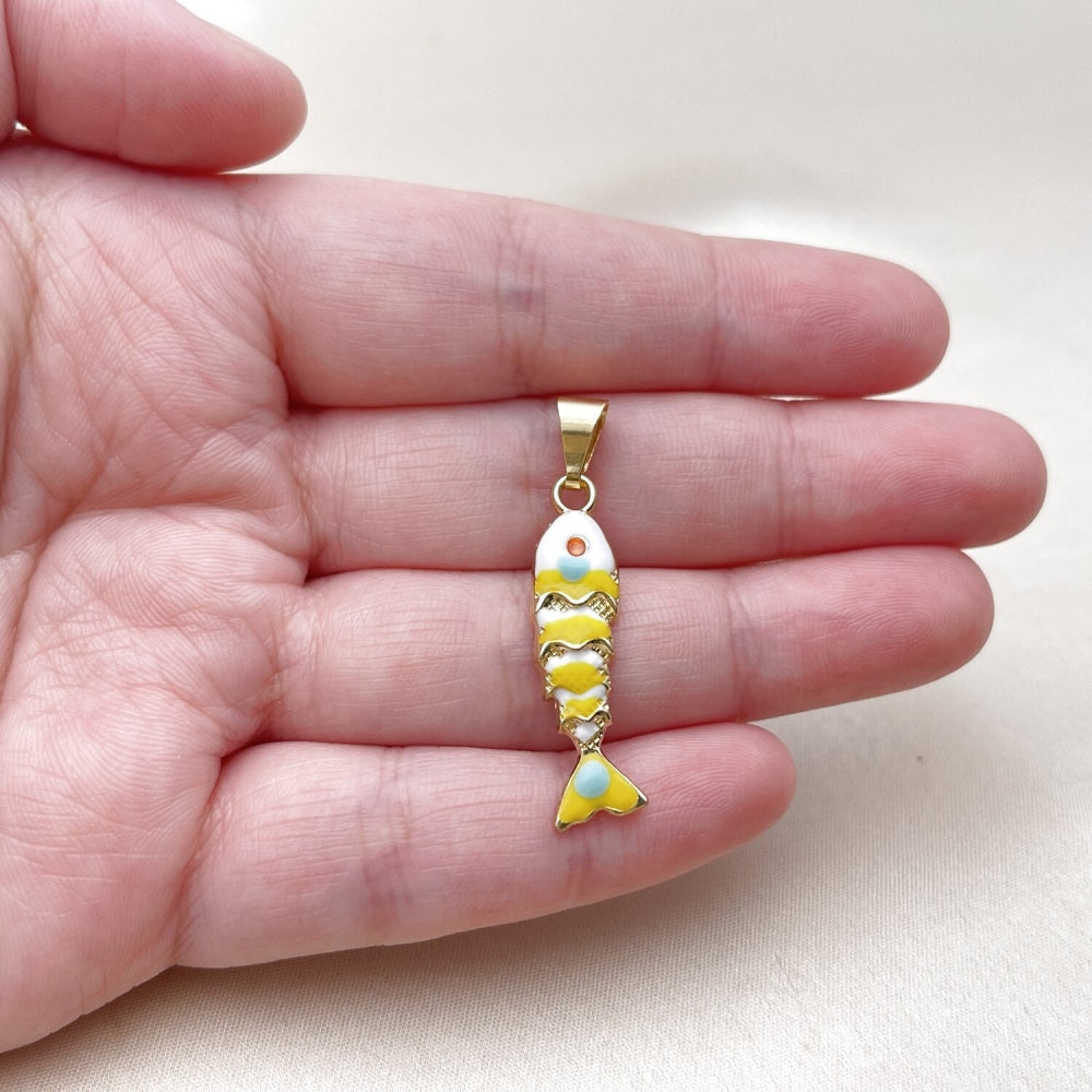 Oro Laminado Fancy Pendant, Gold Filled Style Fish Design, White Enamel Finish, Golden Finish