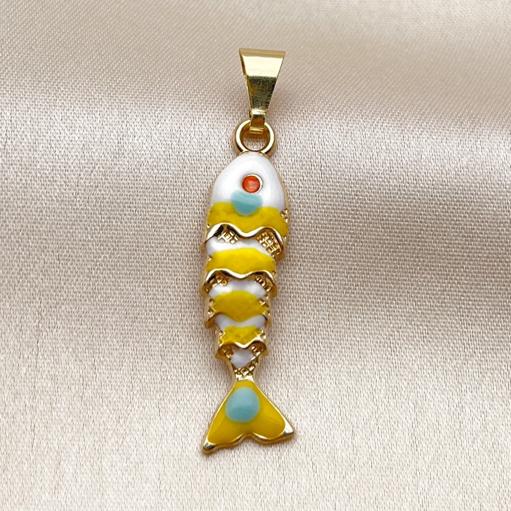 Oro Laminado Fancy Pendant, Gold Filled Style Fish Design, White Enamel Finish, Golden Finish