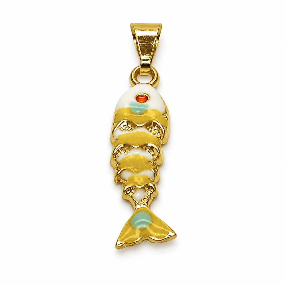 Oro Laminado Fancy Pendant, Gold Filled Style Fish Design, White Enamel Finish, Golden Finish