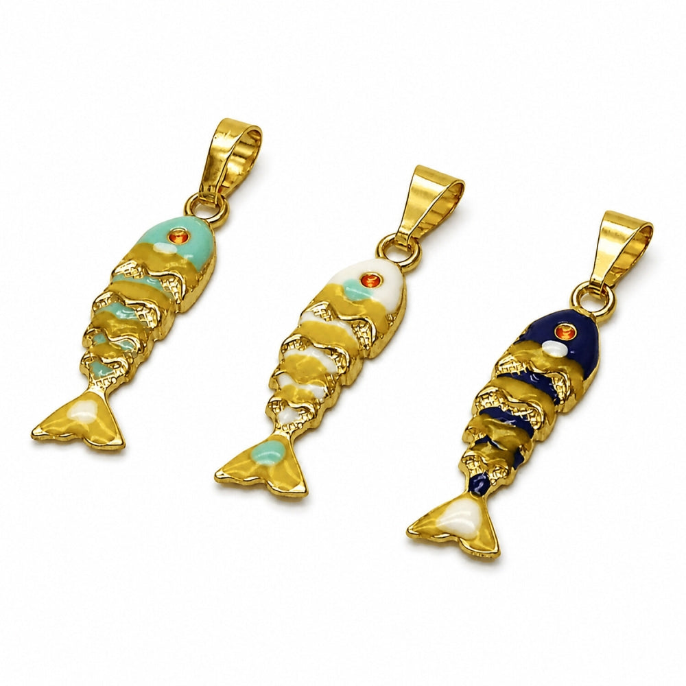 Oro Laminado Fancy Pendant, Gold Filled Style Fish Design, White Enamel Finish, Golden Finish