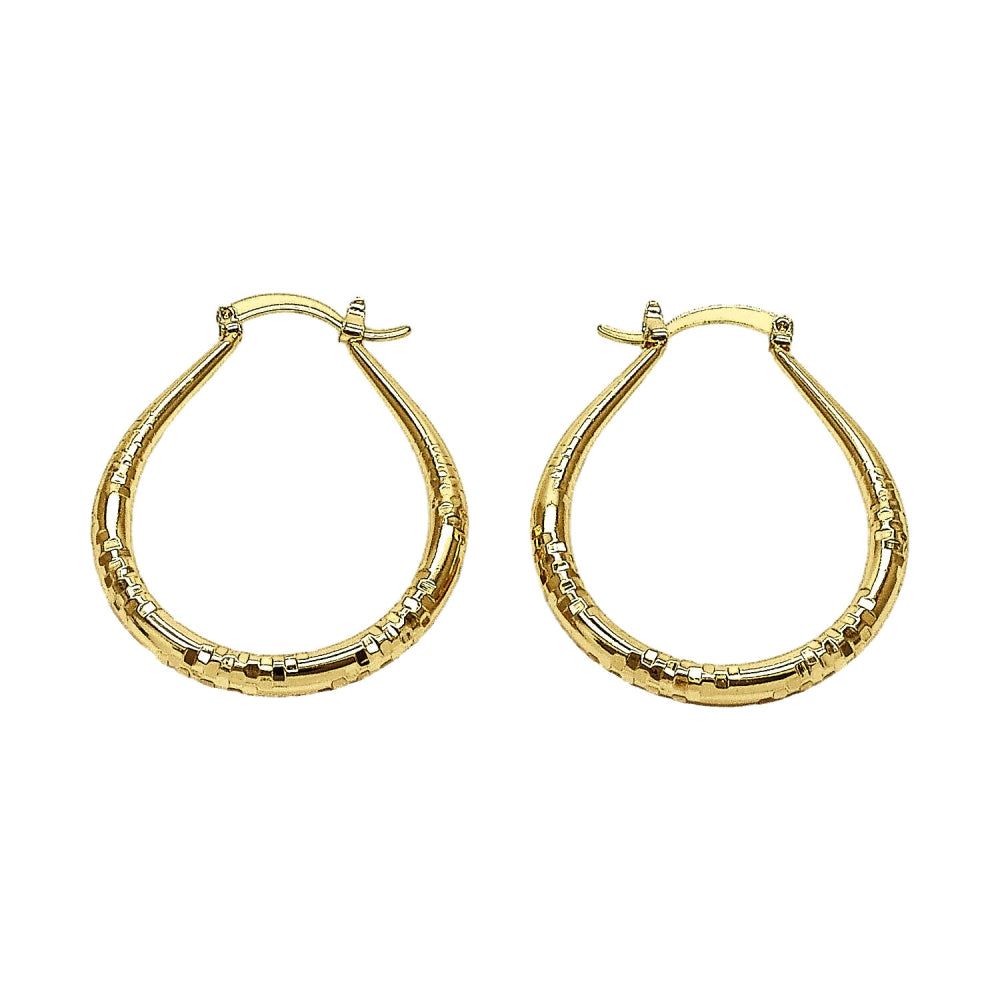 Oro Laminado Medium Hoop, Gold Filled Style Teardrop and Hollow Design, Diamond Cutting Finish, Golden Finish