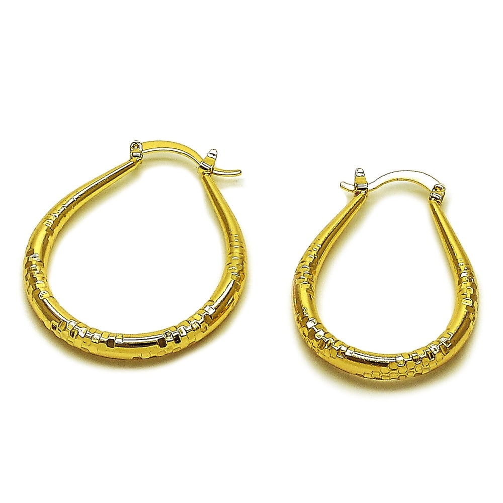 Oro Laminado Medium Hoop, Gold Filled Style Teardrop and Hollow Design, Diamond Cutting Finish, Golden Finish