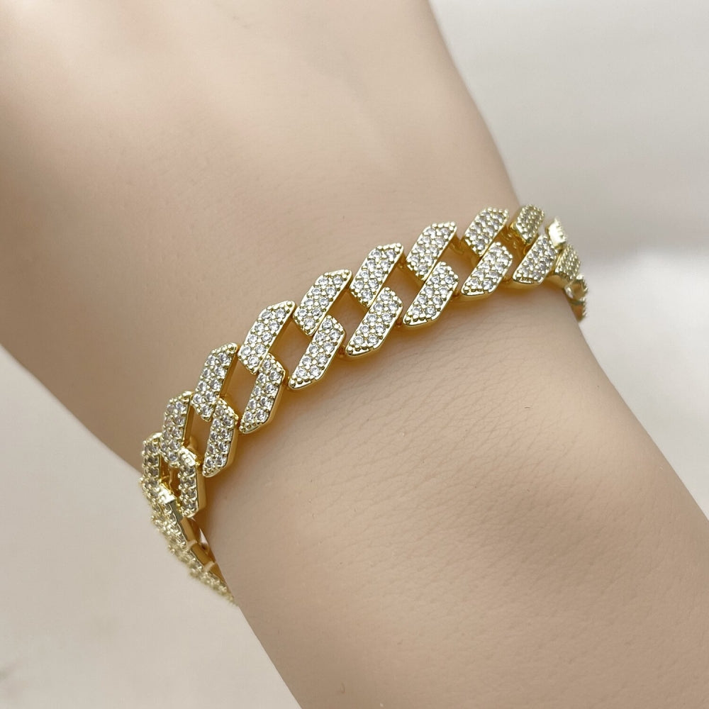 Oro Laminado Tennis Bracelet, Gold Filled Style Miami Cuban Design, with White Cubic Zirconia, Polished, Golden Finish