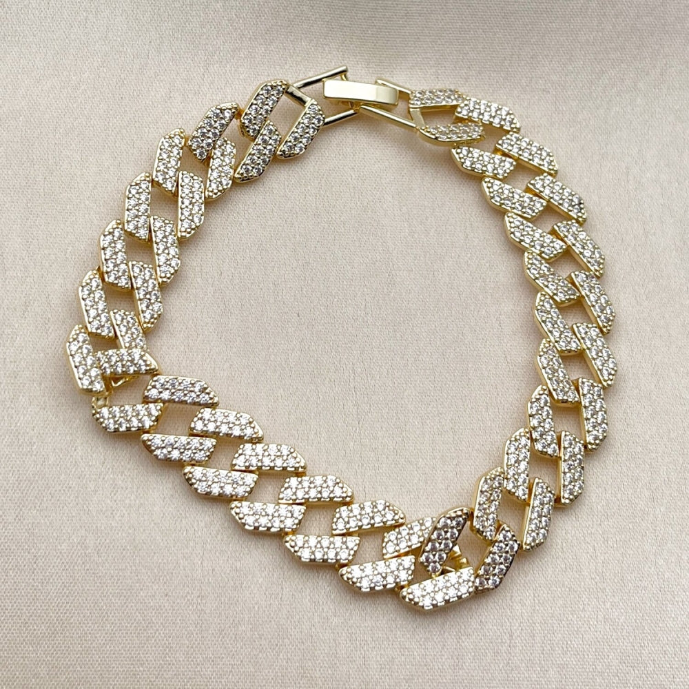 Oro Laminado Tennis Bracelet, Gold Filled Style Miami Cuban Design, with White Cubic Zirconia, Polished, Golden Finish