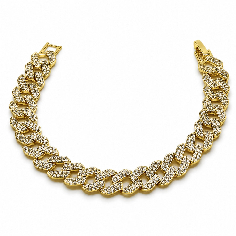 Oro Laminado Tennis Bracelet, Gold Filled Style Miami Cuban Design, with White Cubic Zirconia, Polished, Golden Finish