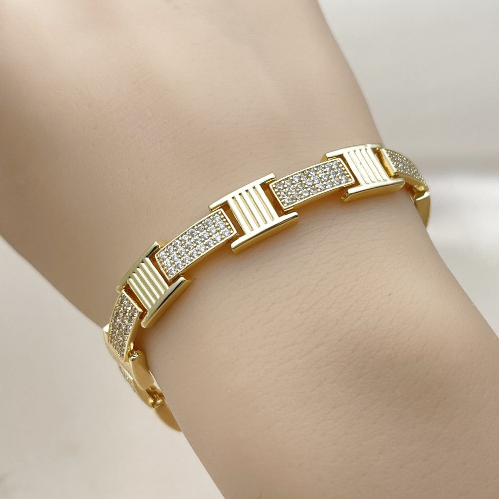 Oro Laminado Tennis Bracelet, Gold Filled Style Belt Buckle Design, with White Cubic Zirconia, Polished, Golden Finish