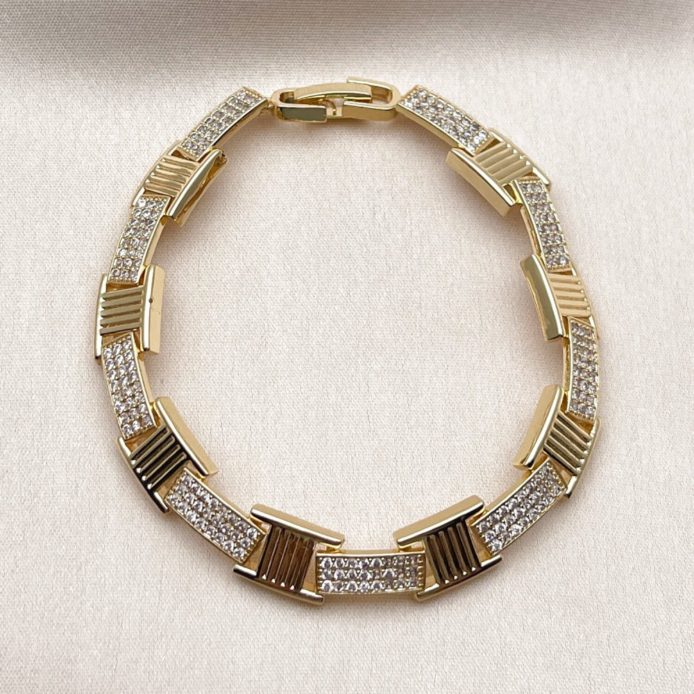 Oro Laminado Tennis Bracelet, Gold Filled Style Belt Buckle Design, with White Cubic Zirconia, Polished, Golden Finish