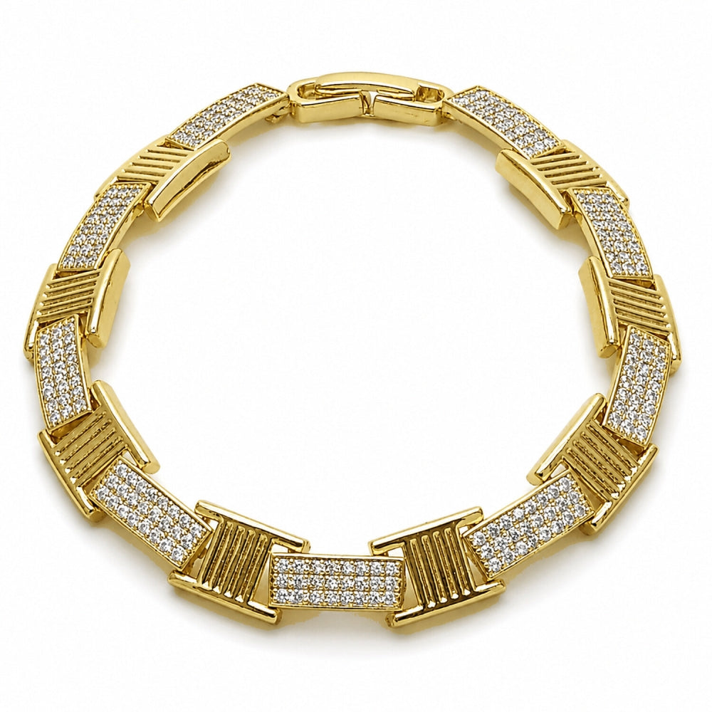 Oro Laminado Tennis Bracelet, Gold Filled Style Belt Buckle Design, with White Cubic Zirconia, Polished, Golden Finish