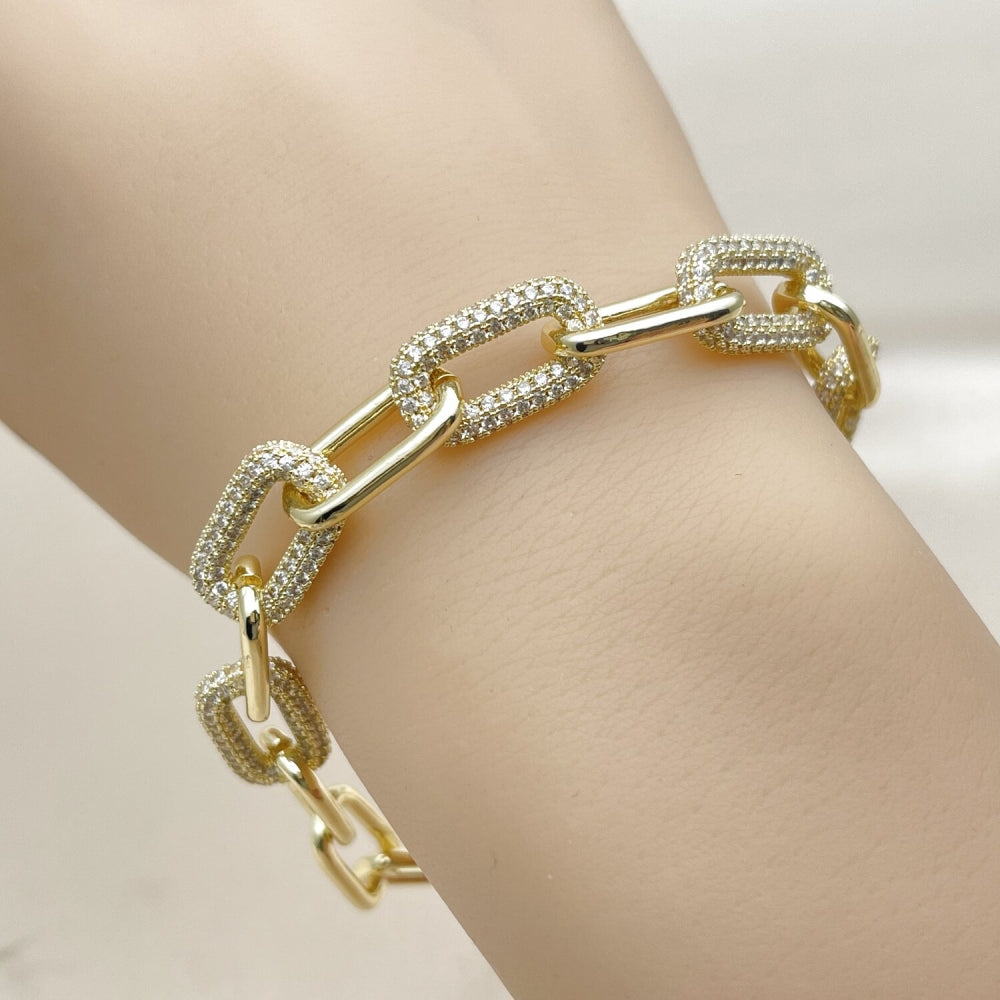 Oro Laminado Fancy Bracelet, Gold Filled Style Paperclip Design, with White Micro Pave, Polished, Golden Finish
