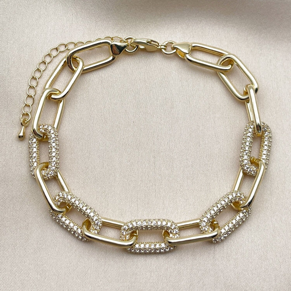 Oro Laminado Fancy Bracelet, Gold Filled Style Paperclip Design, with White Micro Pave, Polished, Golden Finish