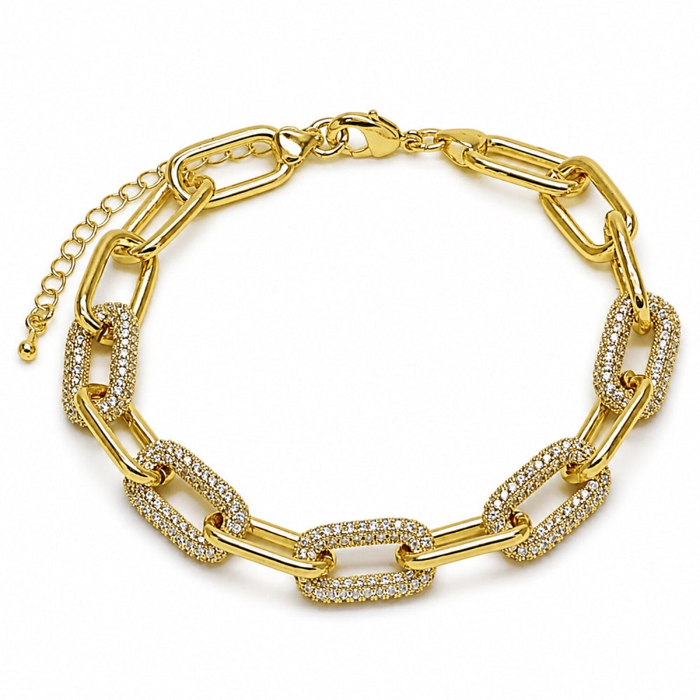 Oro Laminado Fancy Bracelet, Gold Filled Style Paperclip Design, with White Micro Pave, Polished, Golden Finish