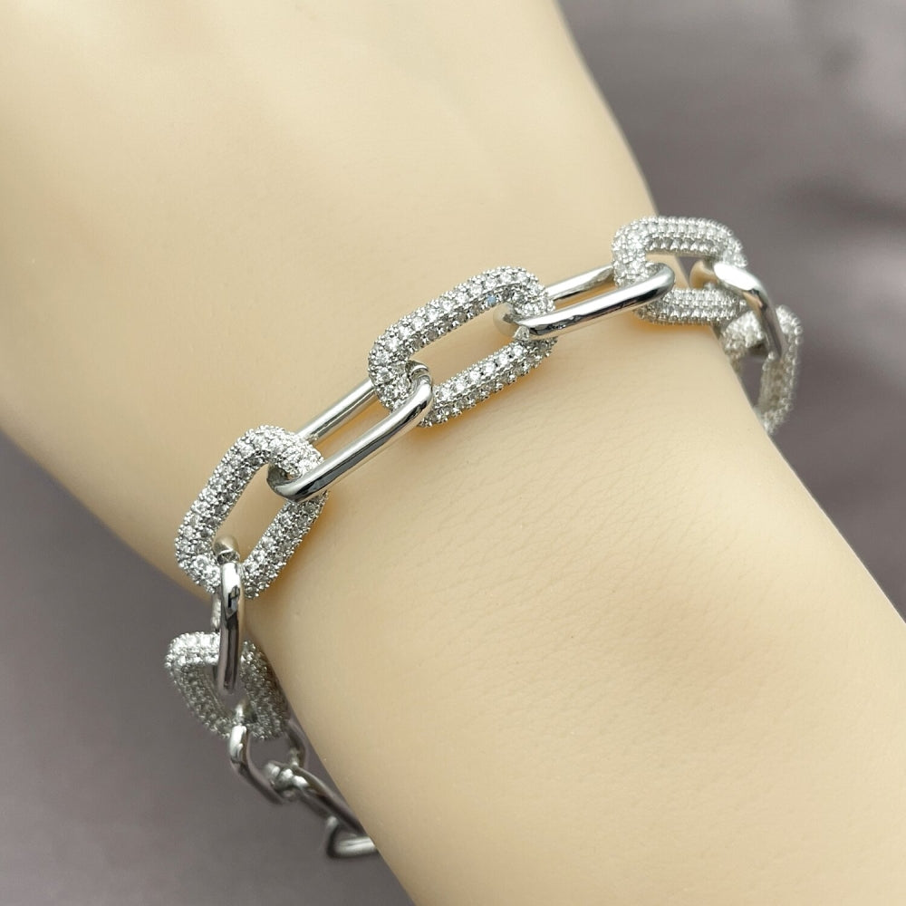 Rhodium Gold Filled Fancy Bracelet, Paperclip Design, with White Micro Pave, Polished, Rhodium Finish