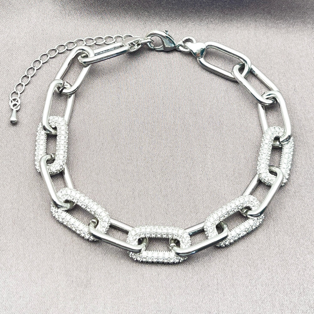 Rhodium Gold Filled Fancy Bracelet, Paperclip Design, with White Micro Pave, Polished, Rhodium Finish