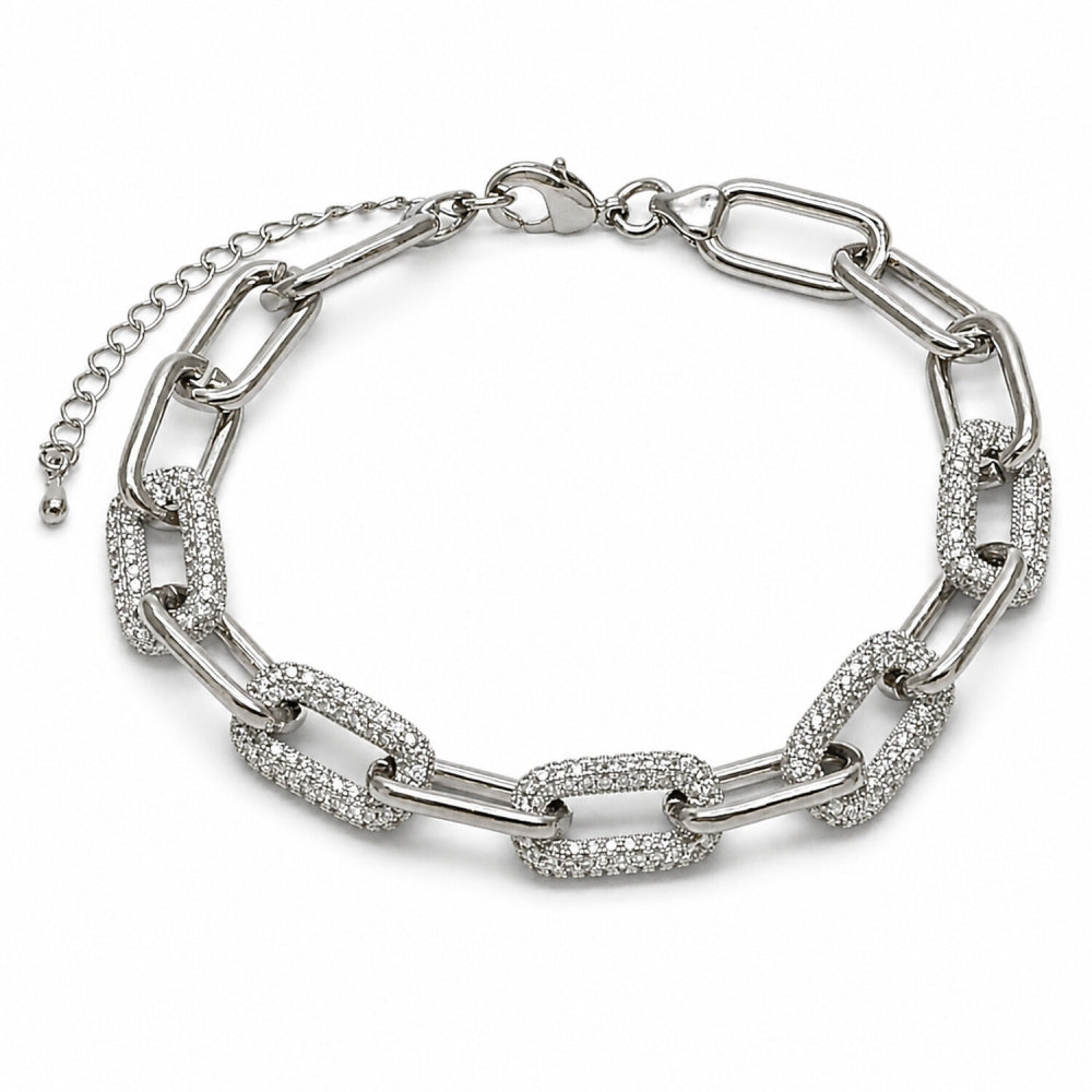 Rhodium Gold Filled Fancy Bracelet, Paperclip Design, with White Micro Pave, Polished, Rhodium Finish