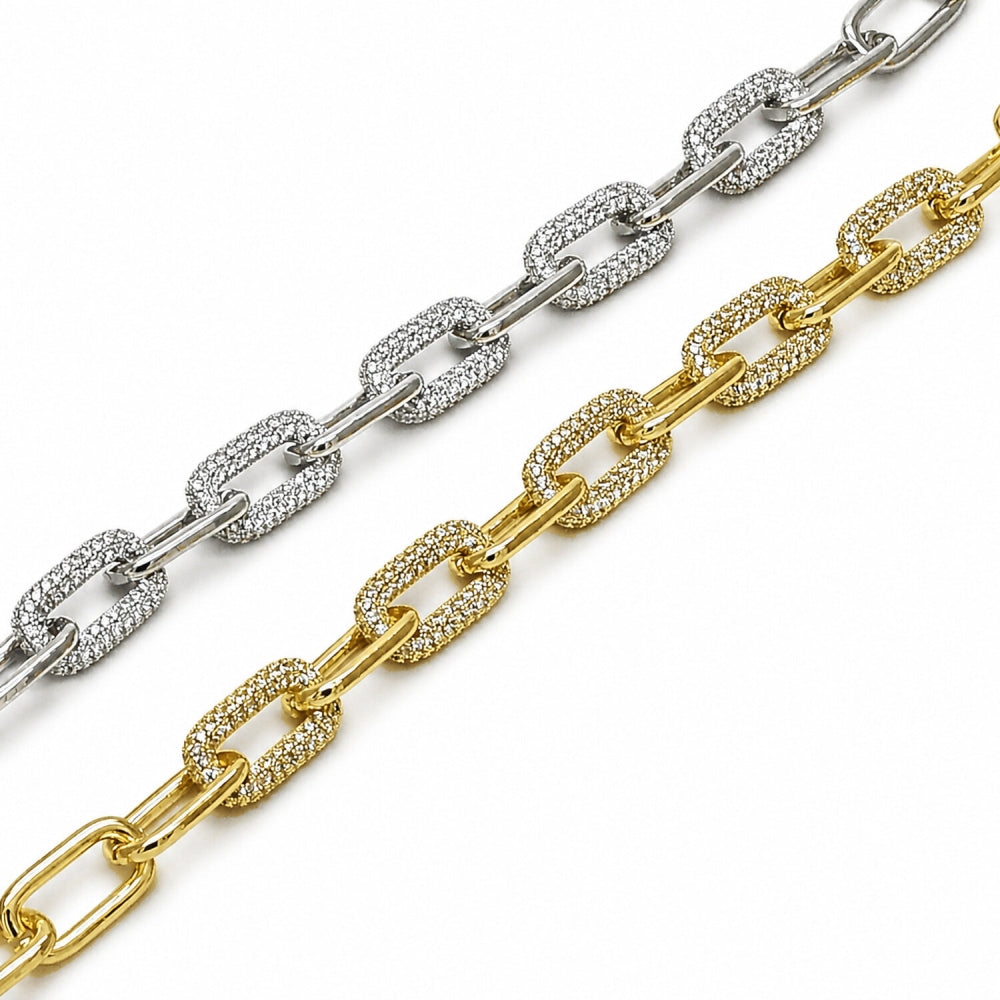 Rhodium Gold Filled Fancy Bracelet, Paperclip Design, with White Micro Pave, Polished, Rhodium Finish
