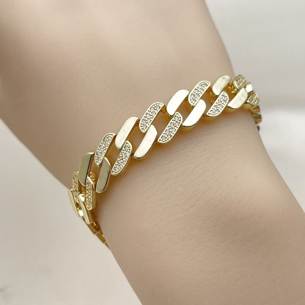 Oro Laminado Tennis Bracelet, Gold Filled Style Miami Cuban Design, with White Micro Pave, Polished, Golden Finish
