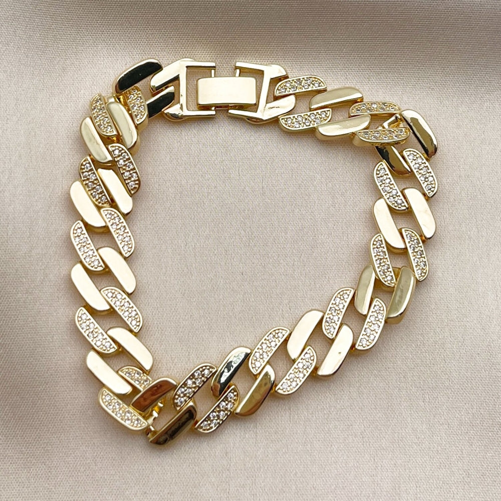 Oro Laminado Tennis Bracelet, Gold Filled Style Miami Cuban Design, with White Micro Pave, Polished, Golden Finish