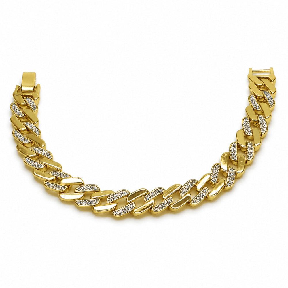 Oro Laminado Tennis Bracelet, Gold Filled Style Miami Cuban Design, with White Micro Pave, Polished, Golden Finish