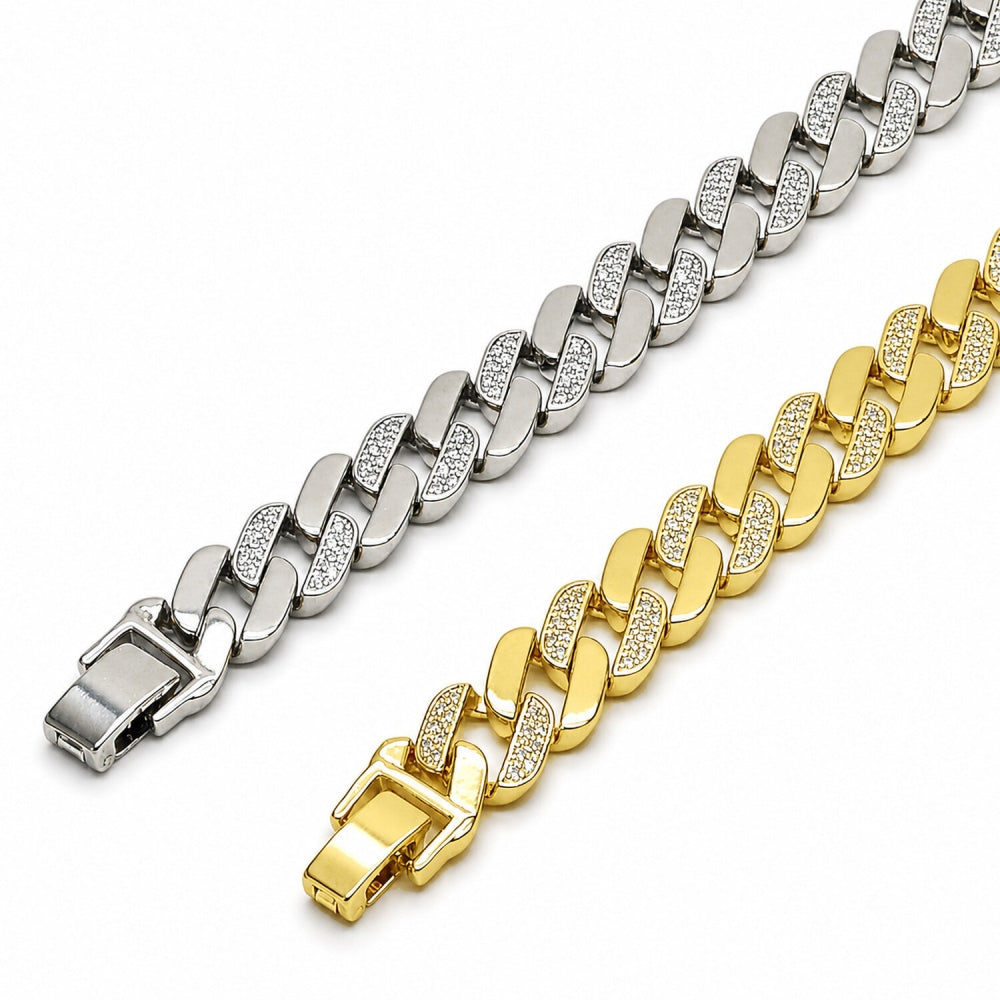 Oro Laminado Tennis Bracelet, Gold Filled Style Miami Cuban Design, with White Micro Pave, Polished, Golden Finish