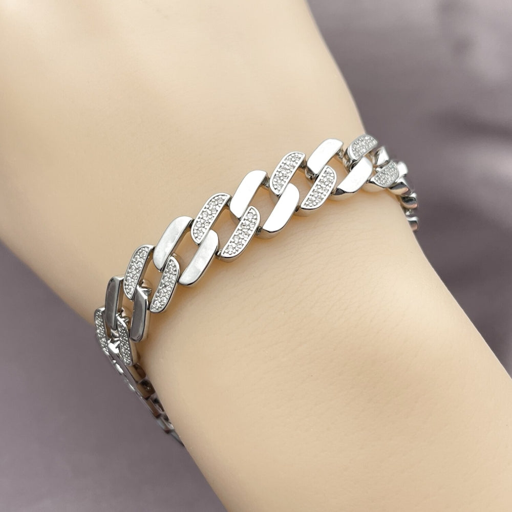 Rhodium Gold Filled Tennis Bracelet, Miami Cuban Design, with White Micro Pave, Polished, Rhodium Finish