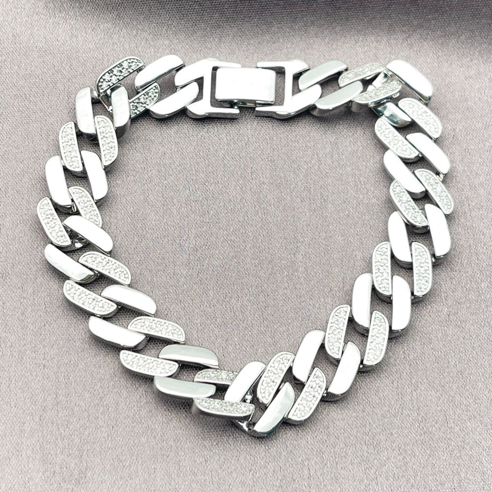 Rhodium Gold Filled Tennis Bracelet, Miami Cuban Design, with White Micro Pave, Polished, Rhodium Finish